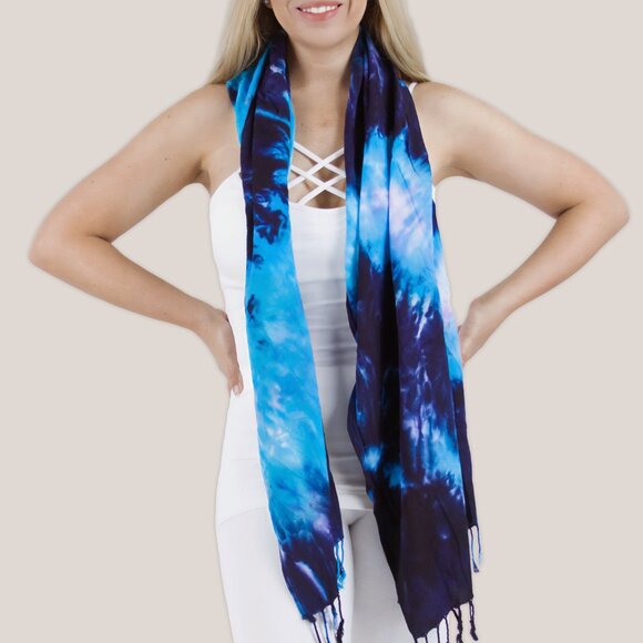 Coos Bay Tie Dye Scarf | Blue + Aqua Hand-Dyed Fringe Rayon Wrap by Akasha Sun - Picture 2 of 2